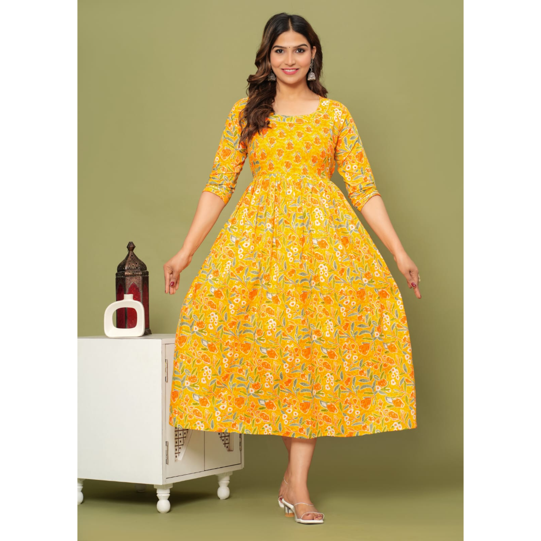 Ofably Pure Cotton Maternity Cum Feeding Kurti -Yellow Flower Print(OFMK065}