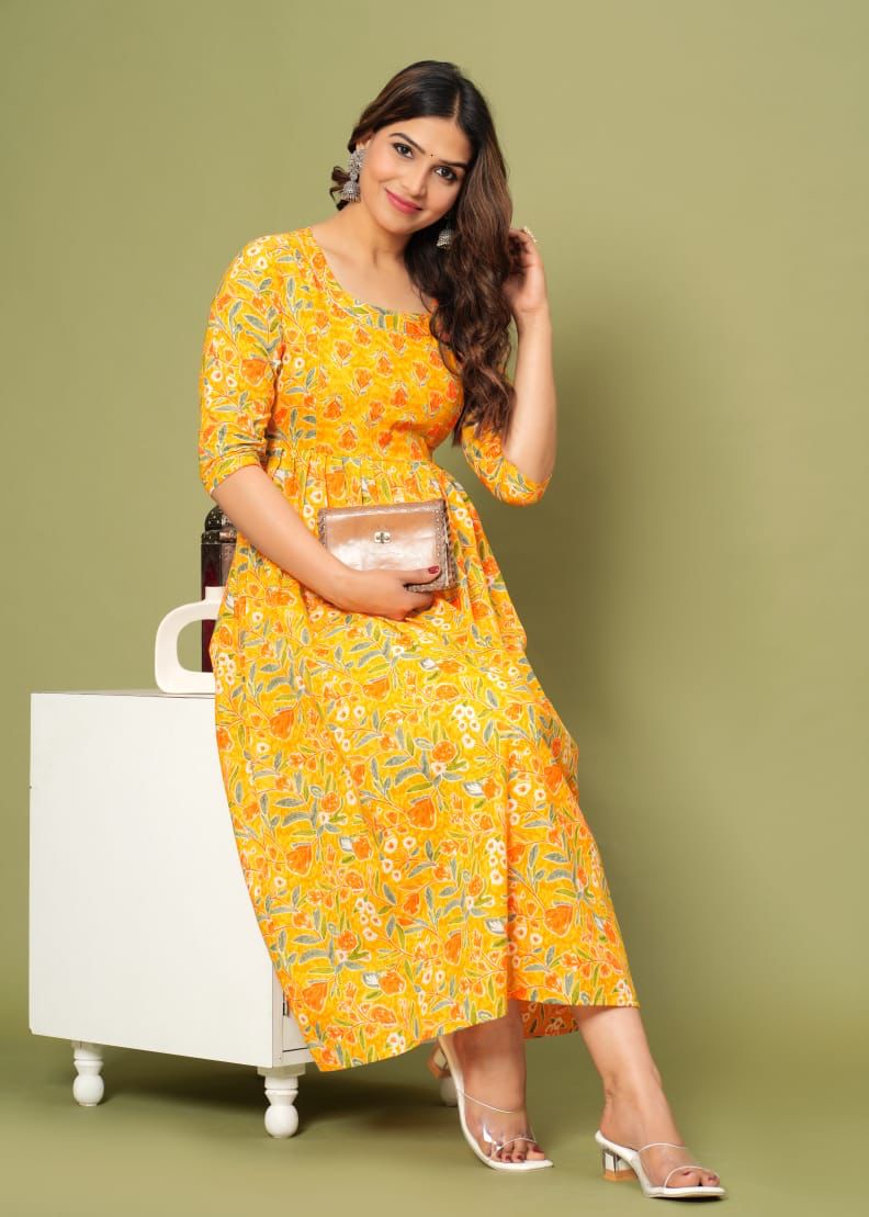 Ofably Pure Cotton Maternity Cum Feeding Kurti -Yellow Flower Print(OFMK065}