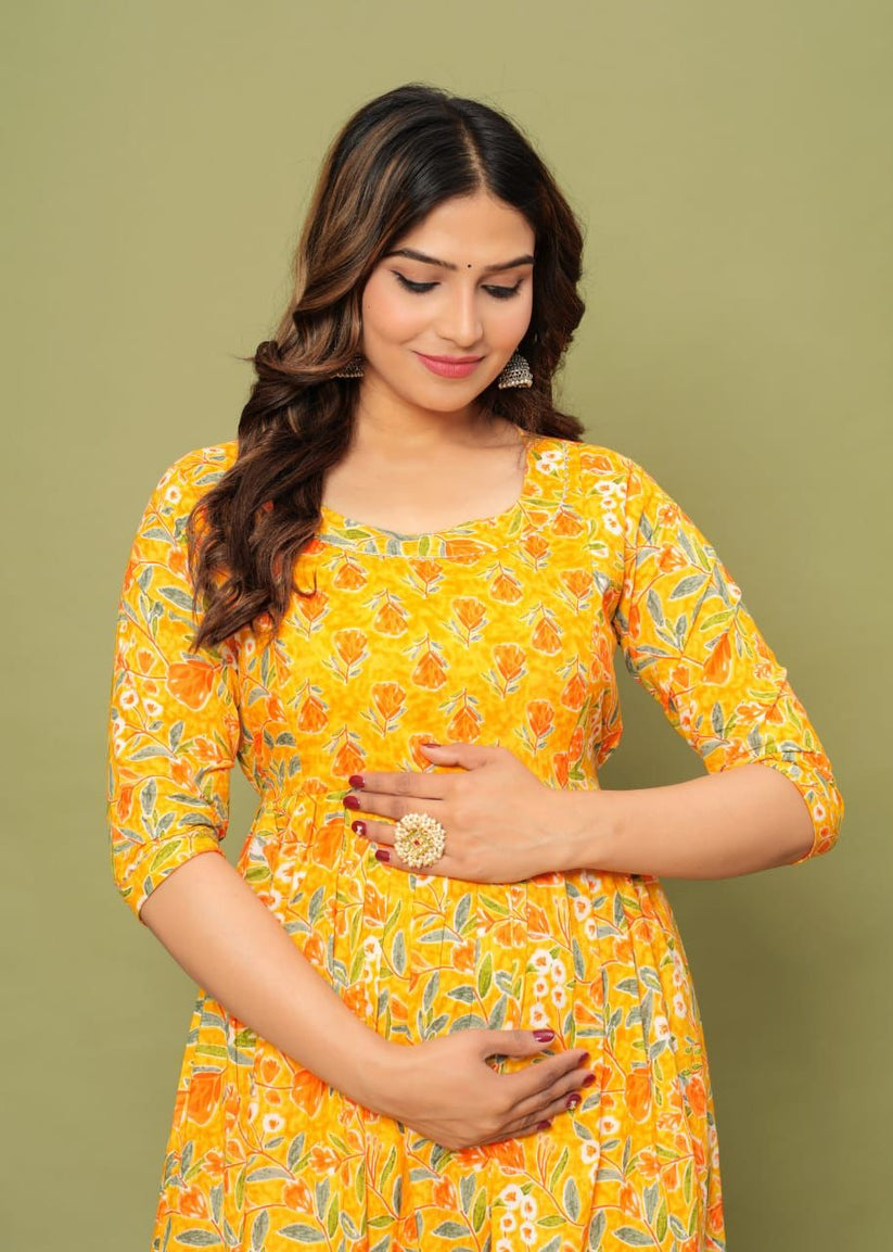 Ofably Pure Cotton Maternity Cum Feeding Kurti -Yellow Flower Print(OFMK065}