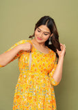 Ofably Pure Cotton Maternity Cum Feeding Kurti -Yellow Flower Print(OFMK065}