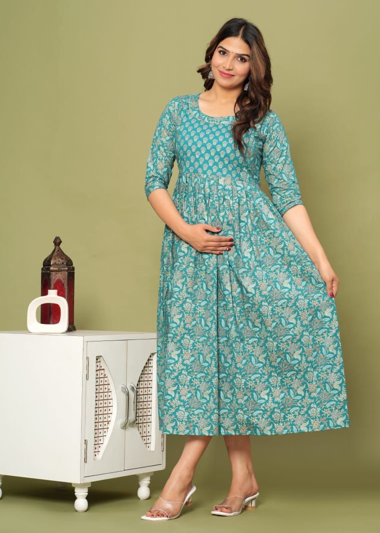 Ofably Pure Cotton Maternity Cum Feeding Kurti -Blue(OFMK071}