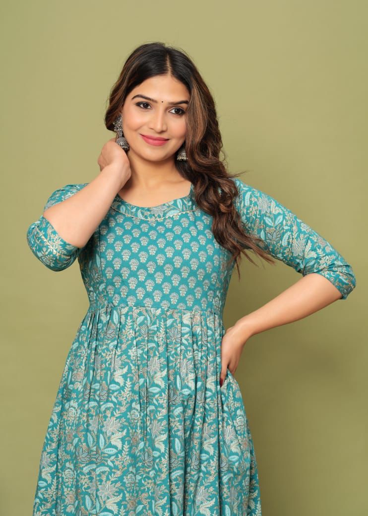 Ofably Pure Cotton Maternity Cum Feeding Kurti -Blue(OFMK071}