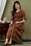 Ofably Pure Cotton Maternity Cum Feeding Kurti - Brown Floral (OFMK105}