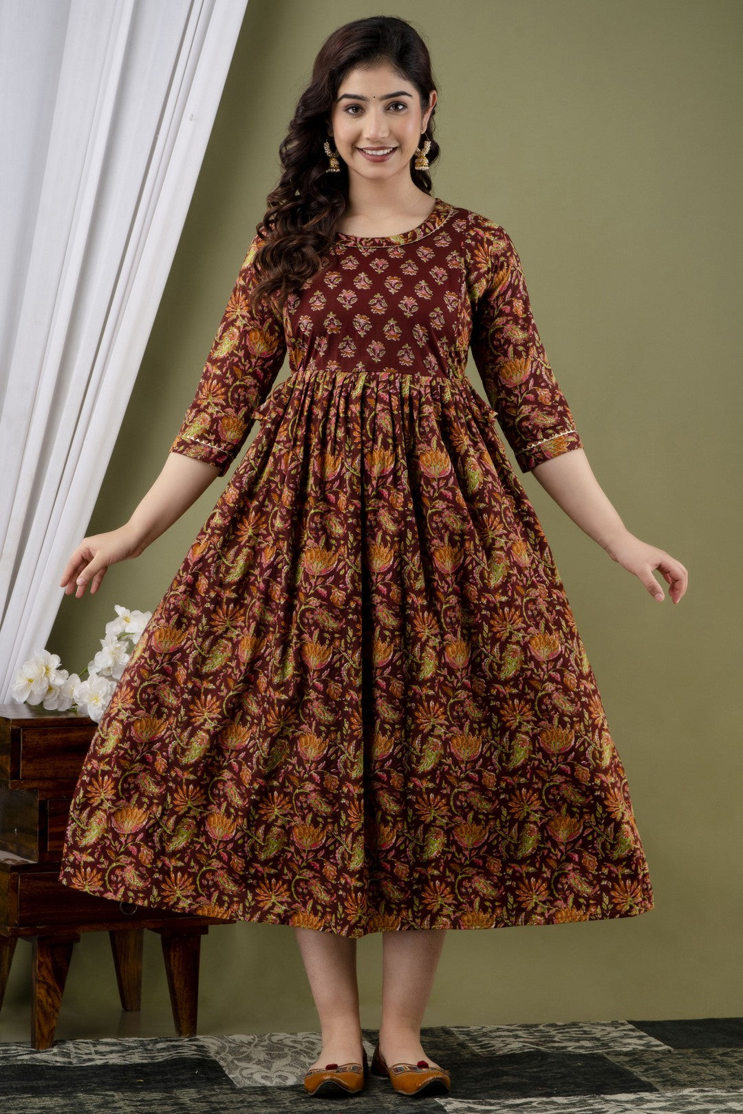 Ofably Pure Cotton Maternity Cum Feeding Kurti - Brown Floral (OFMK105}