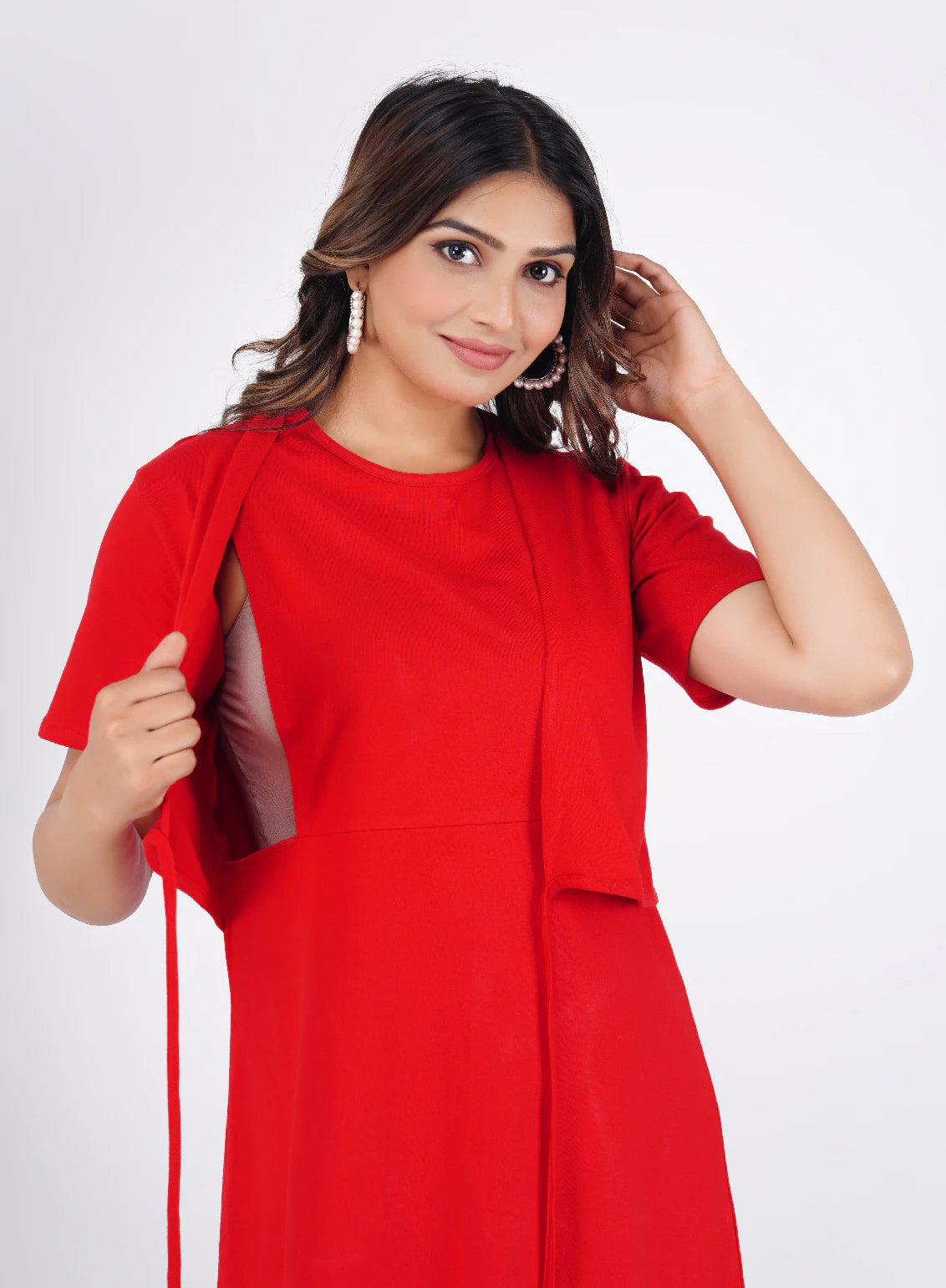 Ofably 100% Cotton Solid Maternity Short Dress - Red Solid  (OMD018)