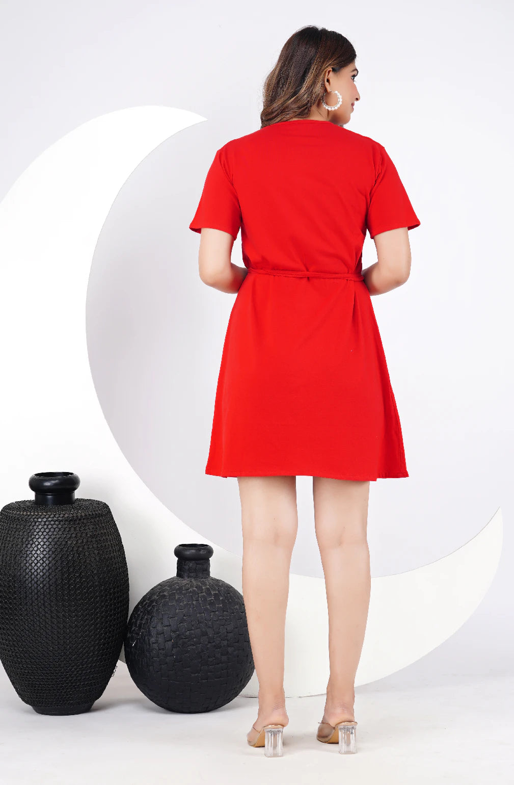 Ofably 100% Cotton Solid Maternity Short Dress - Red Solid  (OMD018)