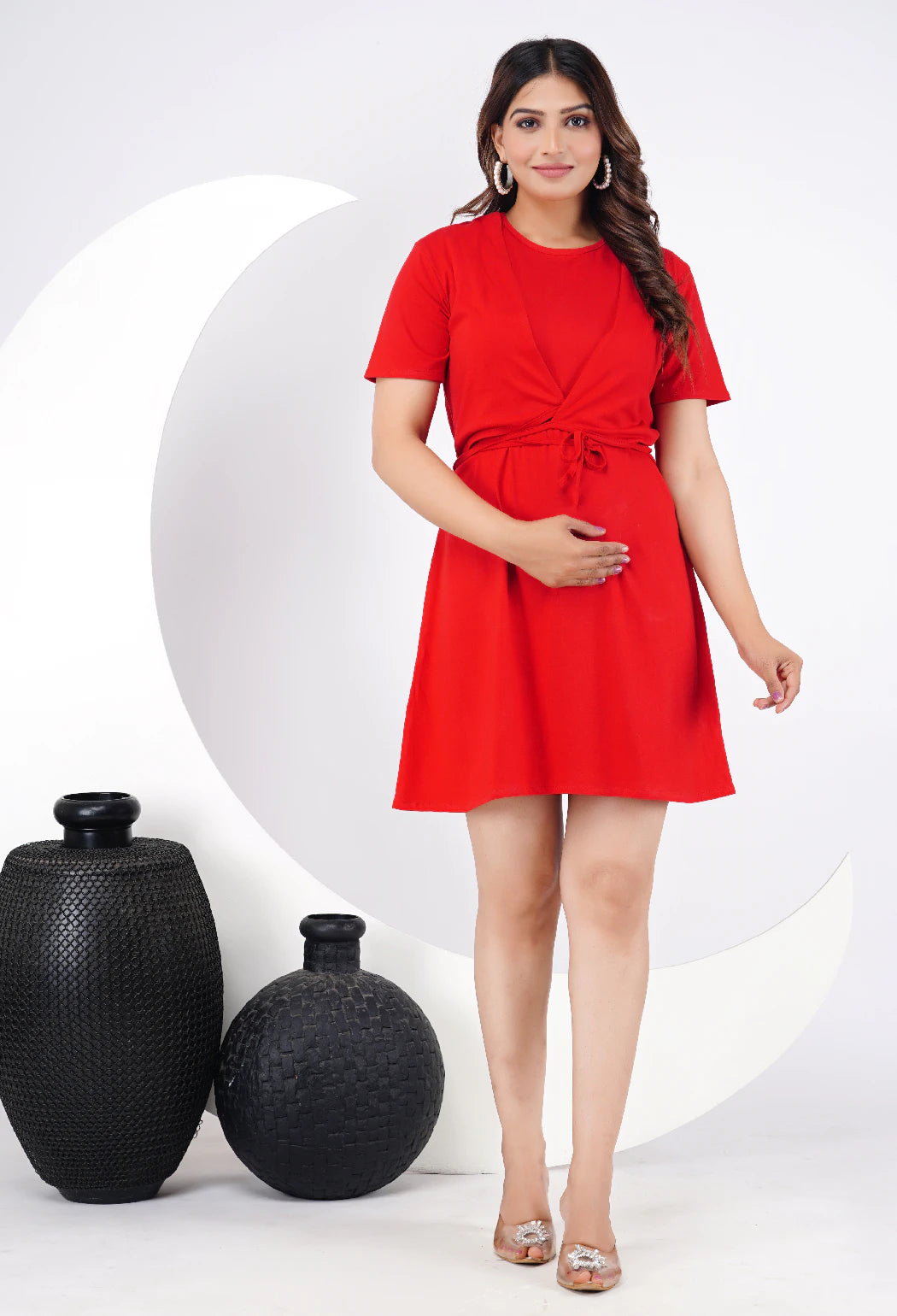 Ofably 100% Cotton Solid Maternity Short Dress - Red Solid  (OMD018)