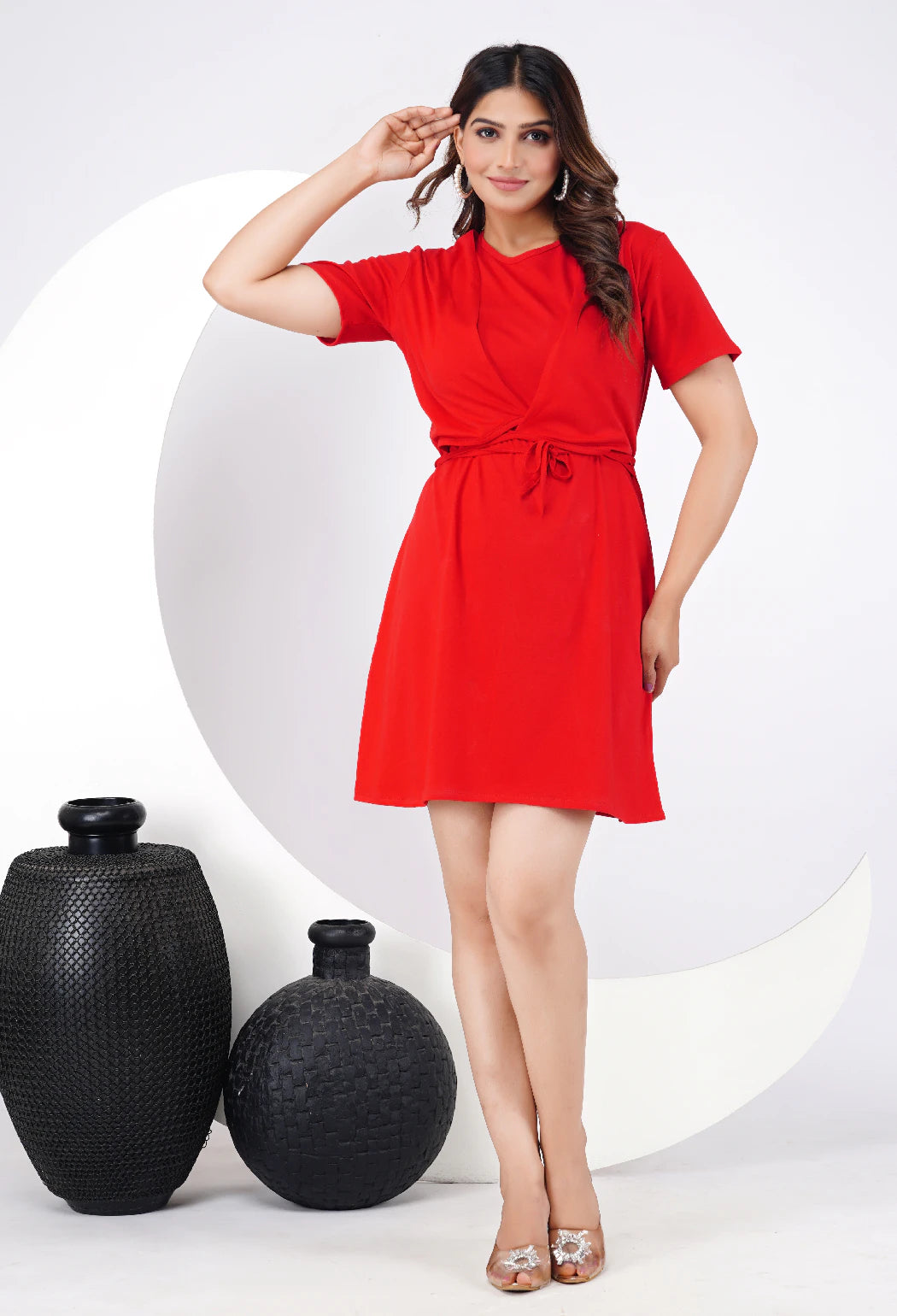 Ofably 100% Cotton Solid Maternity Short Dress - Red Solid  (OMD018)