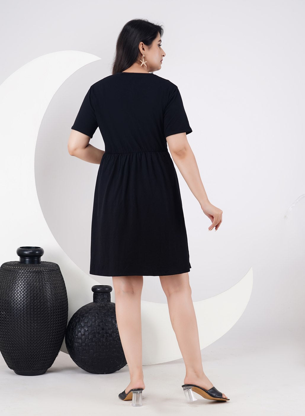 Ofably 100% Cotton Solid Maternity Cum Feeding Dress- Black (OMD020)