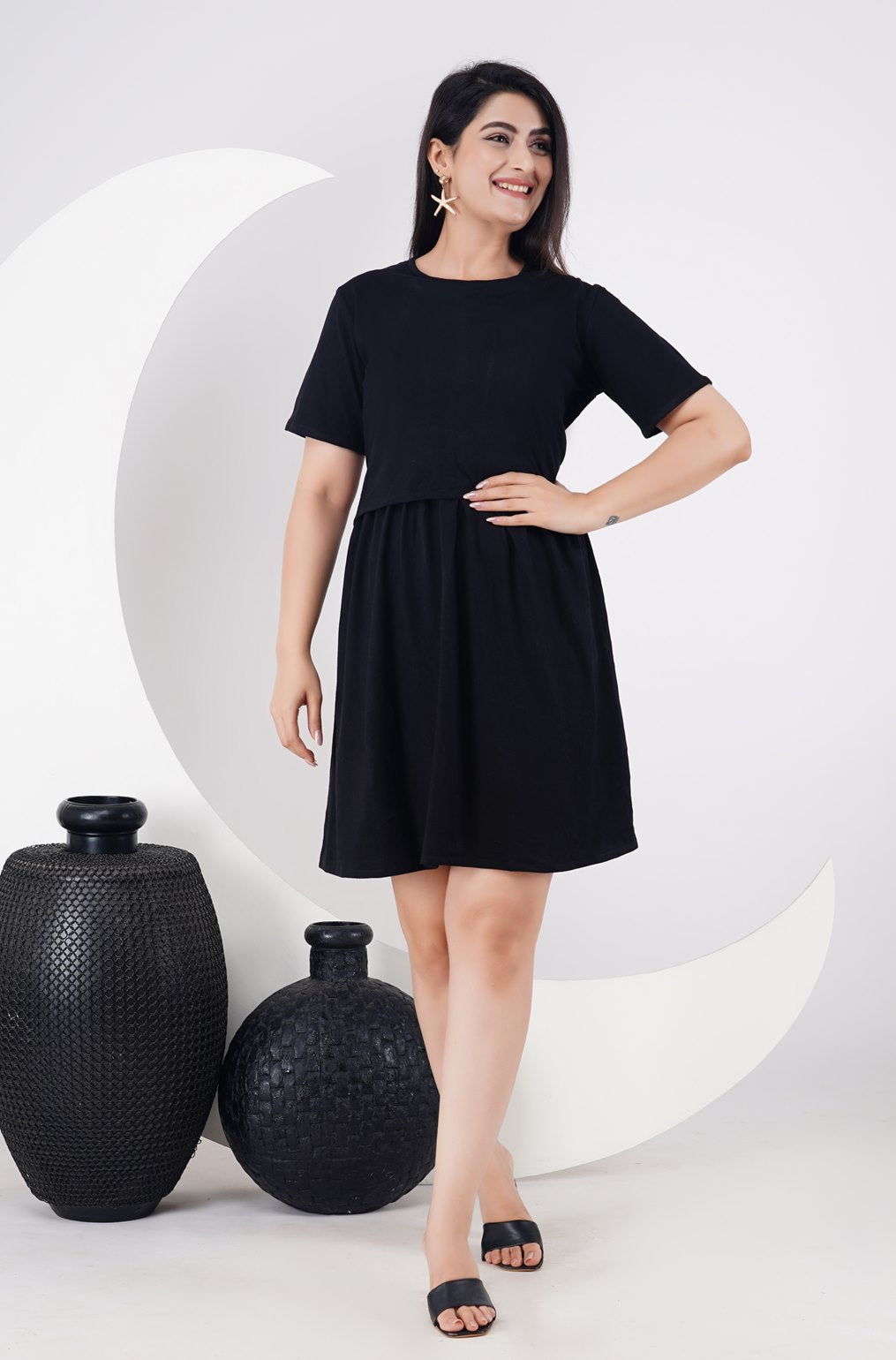 Ofably 100% Cotton Solid Maternity Cum Feeding Dress- Black (OMD020)