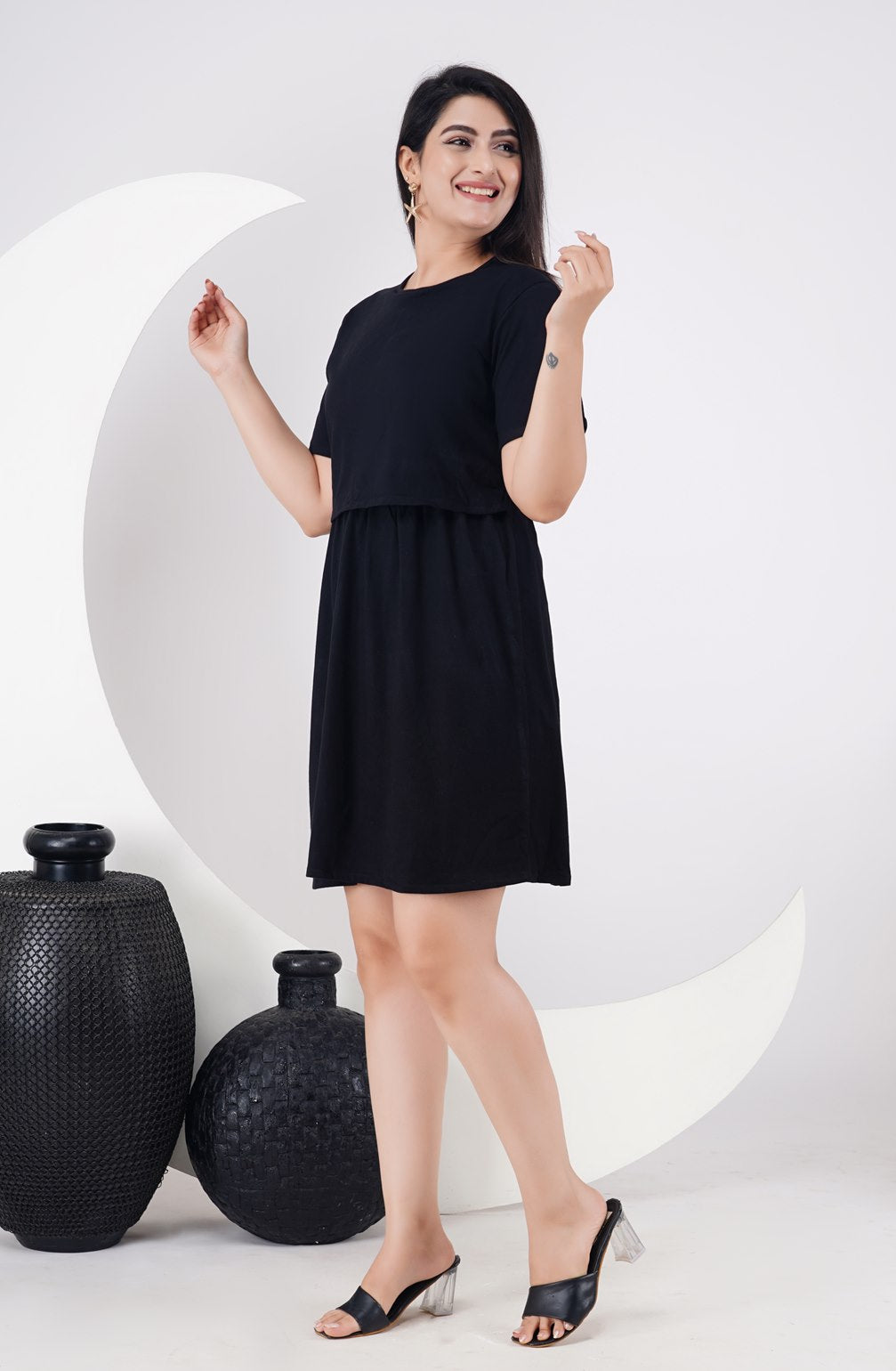 Ofably 100% Cotton Solid Maternity Cum Feeding Dress- Black (OMD020)