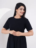 Ofably 100% Cotton Solid Maternity Cum Feeding Dress- Black (OMD020)