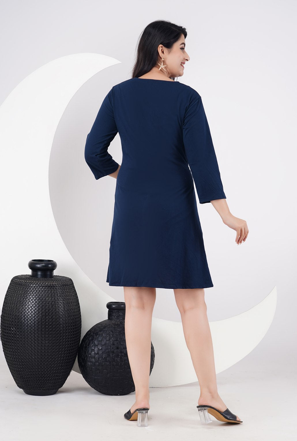 Ofably 100% Cotton Solid Maternity Dress Front Open - Navy Blue (OMD019)