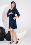 Ofably 100% Cotton Solid Maternity Dress Front Open - Navy Blue (OMD019)