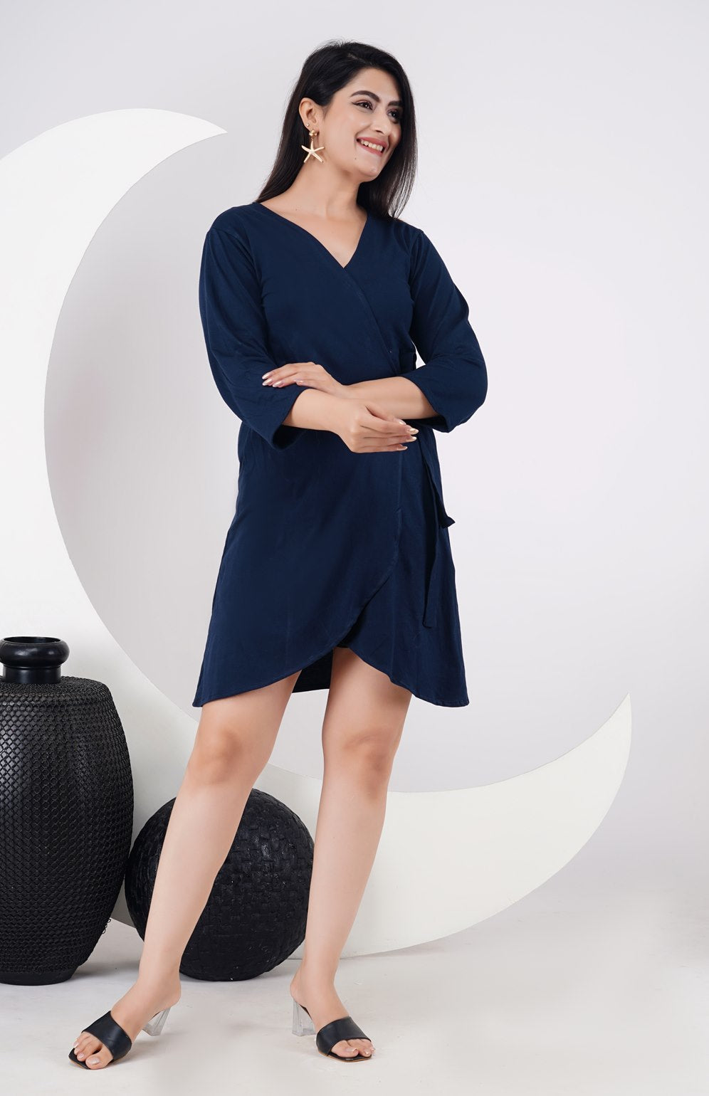 Ofably 100% Cotton Solid Maternity Dress Front Open - Navy Blue (OMD019)