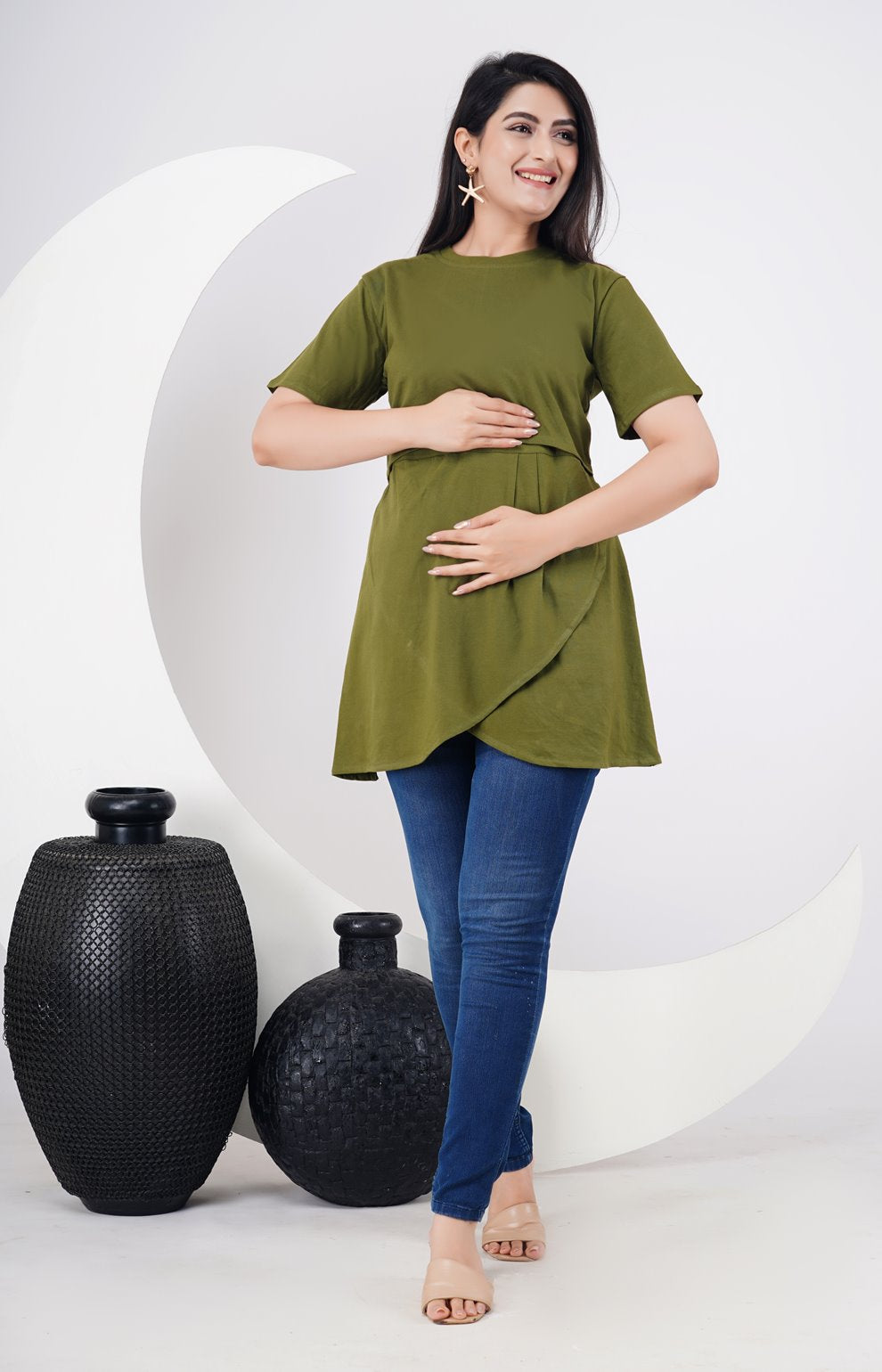 Ofably 100% Cotton Solid Maternity Stylish Tops- Olive Green (OMTO022)