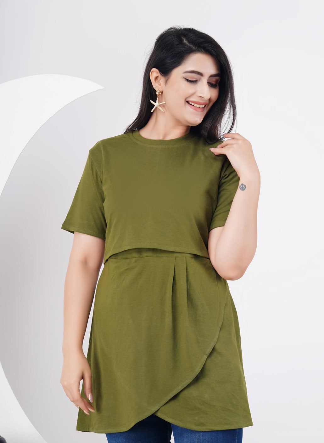 Ofably 100% Cotton Solid Maternity Stylish Tops- Olive Green (OMTO022)