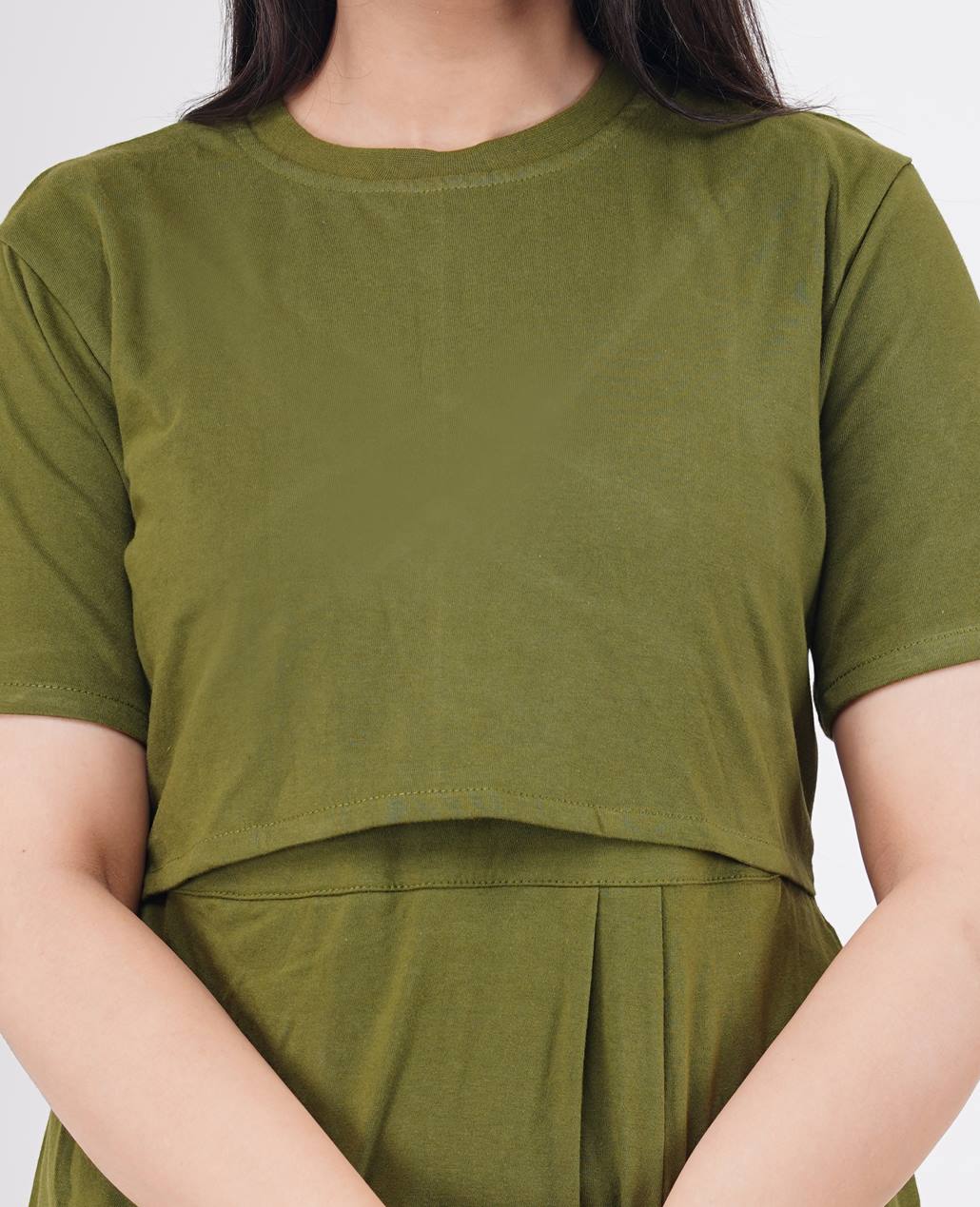 Ofably 100% Cotton Solid Maternity Stylish Tops- Olive Green (OMTO022)