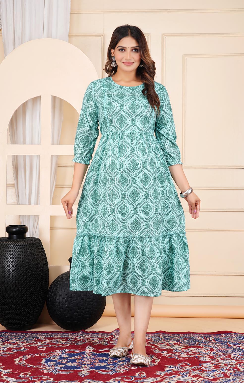 Ofably Pure Cotton Maternity Cum Feeding Kurti -Sea Green (OFMK117}