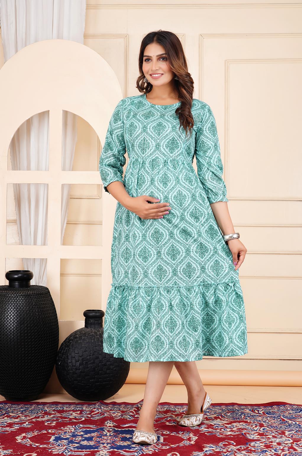 Ofably Pure Cotton Maternity Cum Feeding Kurti -Sea Green (OFMK117}