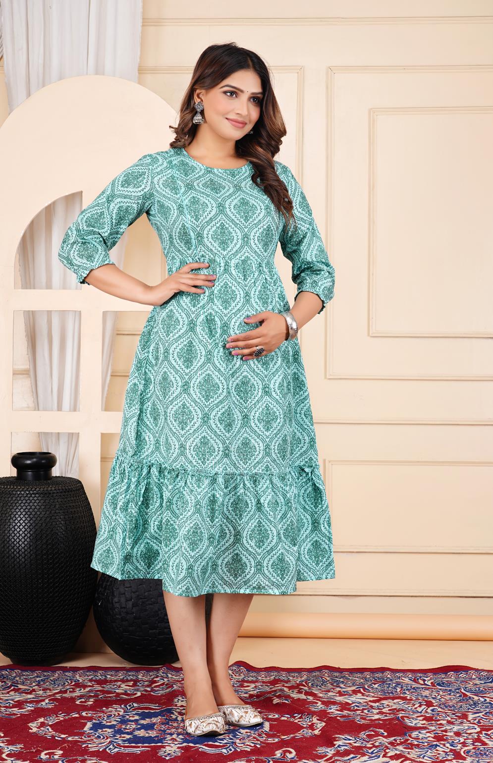 Ofably Pure Cotton Maternity Cum Feeding Kurti -Sea Green (OFMK117}