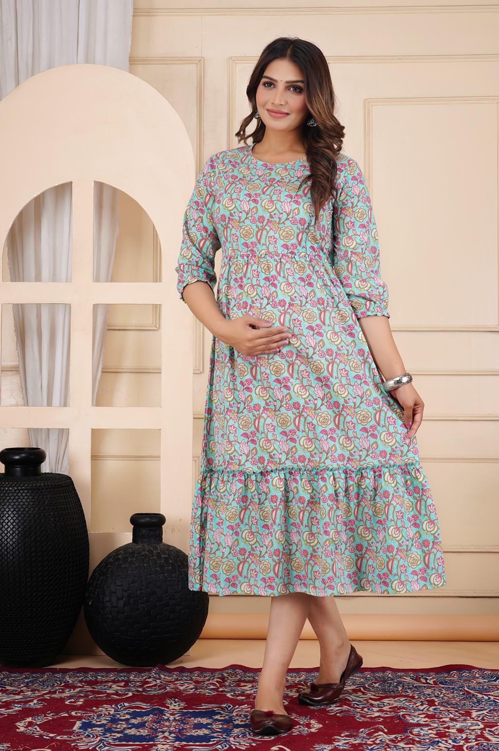 Ofably Pure Cotton Maternity Cum Feeding Kurti -Light Blue Floral Print (OFMK118}