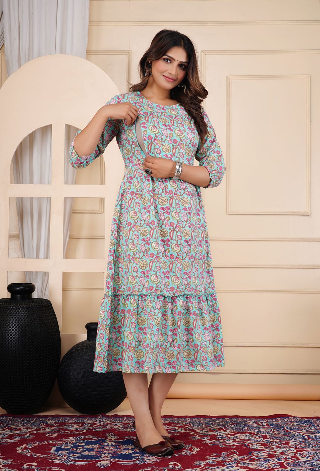 Ofably Pure Cotton Maternity Cum Feeding Kurti -Light Blue Floral Print (OFMK118}