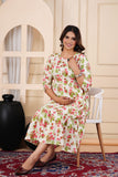 Ofably Pure Cotton Maternity Cum Feeding Kurti -Off White Flower Print(OFMK119}