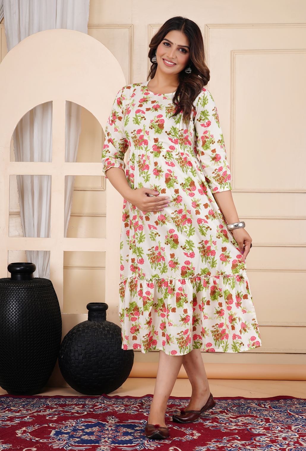 Ofably Pure Cotton Maternity Cum Feeding Kurti -Off White Flower Print(OFMK119}