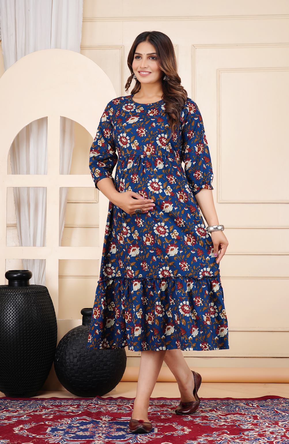 Ofably Pure Cotton Maternity Cum Feeding Kurti -Navy Blue (OFMK121}