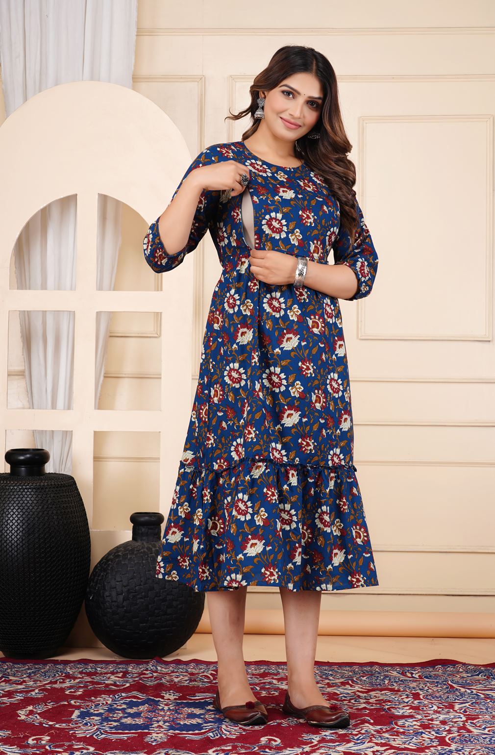 Ofably Pure Cotton Maternity Cum Feeding Kurti -Navy Blue (OFMK121}