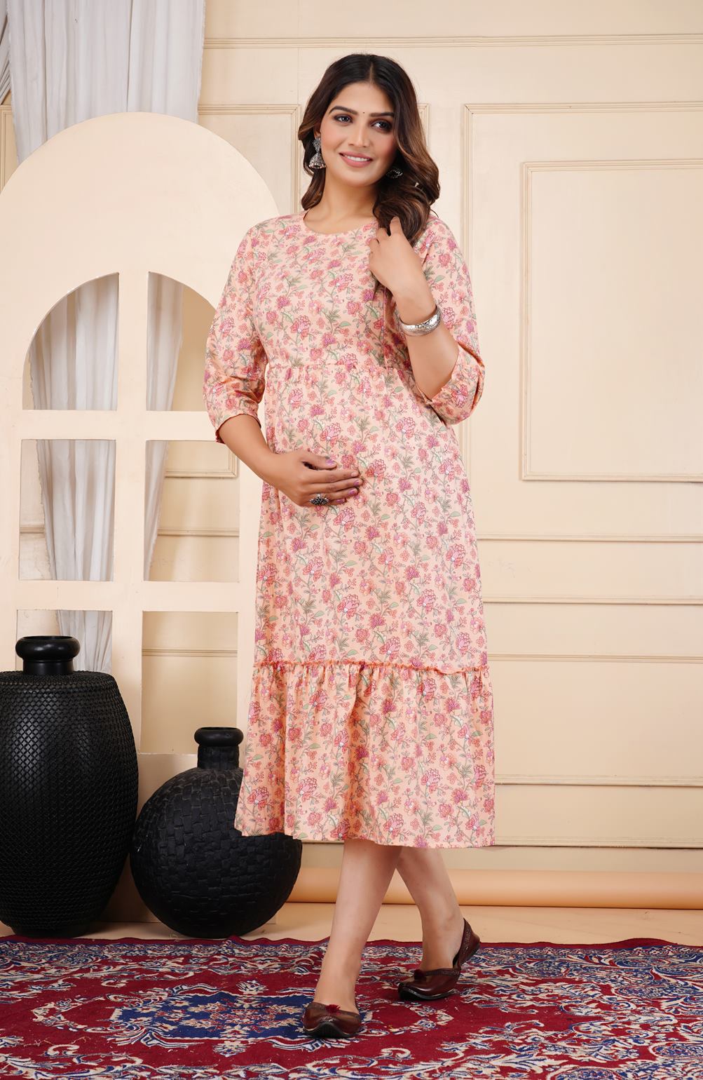 Ofably Pure Cotton Maternity Cum Feeding Kurti -Peach (OFMK122}