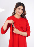 Ofably 100% Cotton Solid Maternity Short Dress With Front Belt - Red  (OMD021)