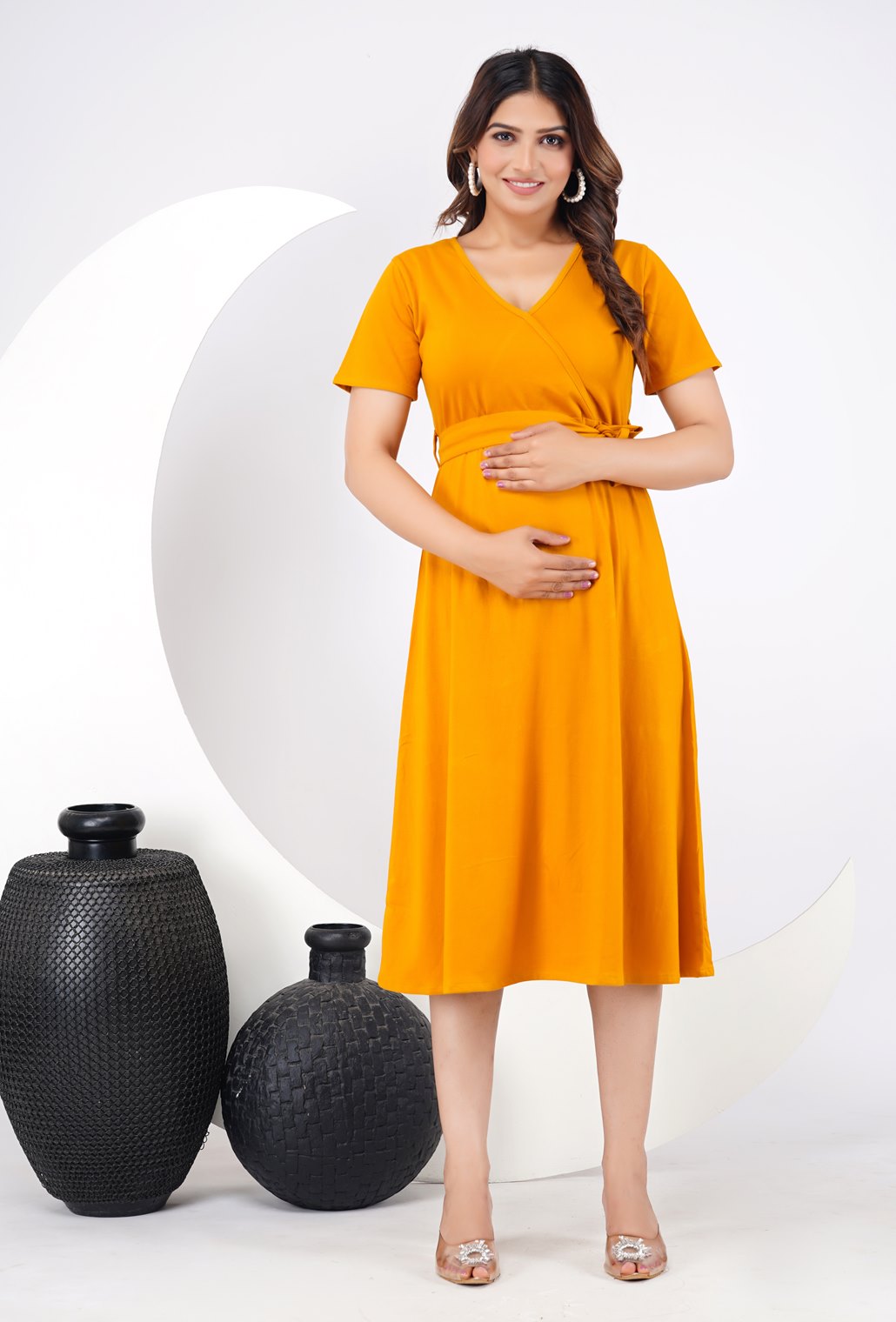 Ofably 100% Cotton Solid Maternity Long Dress - Mustard Yellow(OMD013)