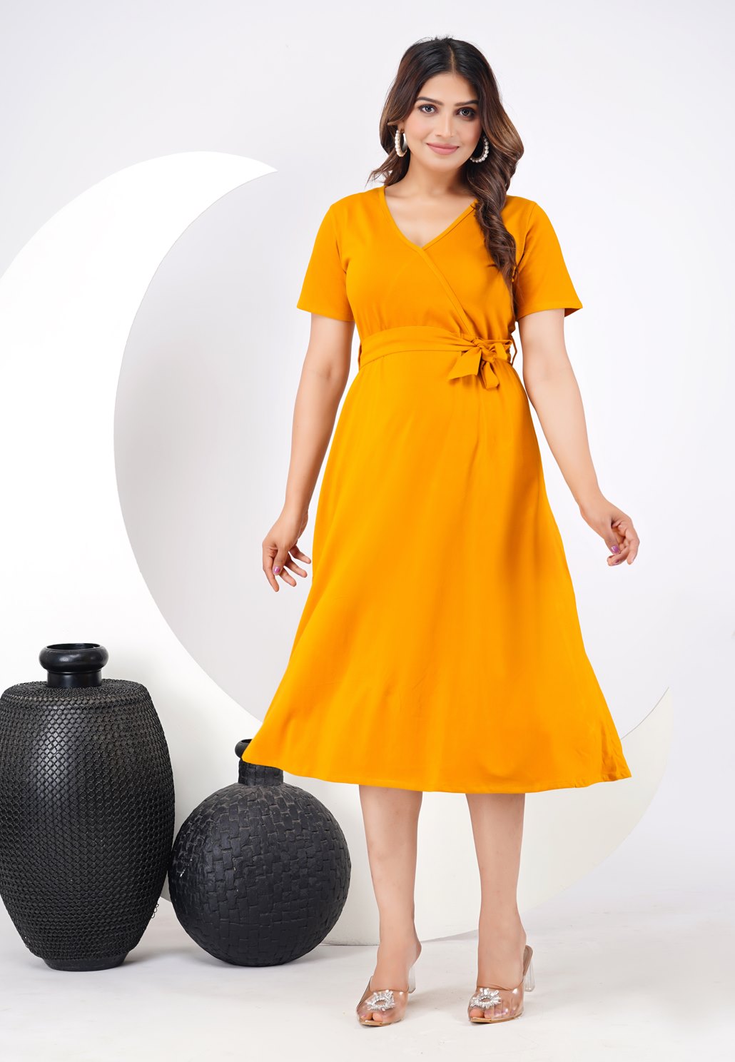 Ofably 100% Cotton Solid Maternity Long Dress - Mustard Yellow(OMD013)