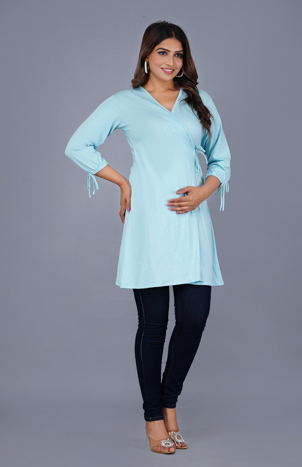 Ofably 100% Cotton Solid Maternity Stylish Long Tops- Light Blue (OMTO023)