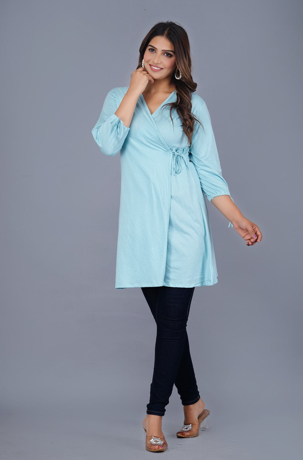 Ofably 100% Cotton Solid Maternity Stylish Long Tops- Light Blue (OMTO023)