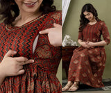 Ofably Cotton Maternity Cum Feeding Kurti Dress For Pre & Post Maternity (Brown)(LUX007)
