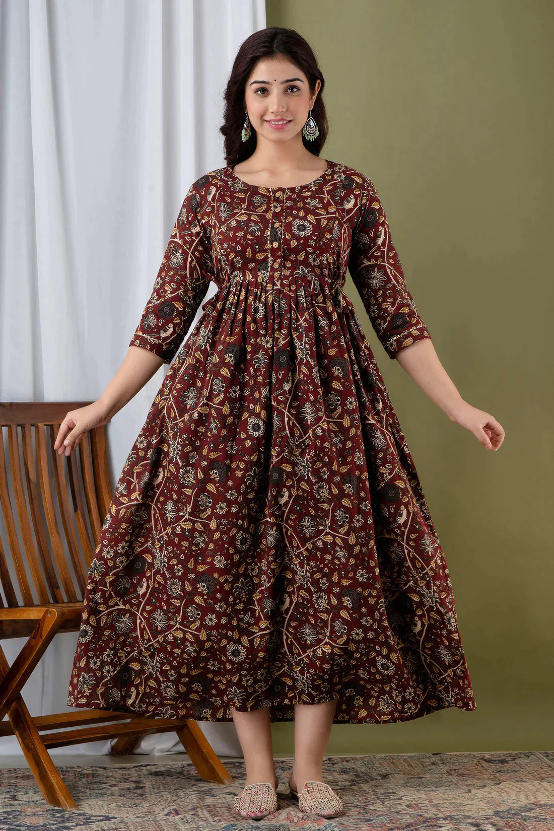 Ofably Cotton Maternity Cum Feeding Kurti Dress For Pre & Post Maternity (Brown)(LUXT01)