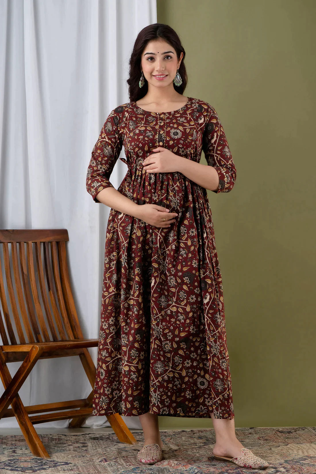 Ofably Cotton Maternity Cum Feeding Kurti Dress For Pre & Post Maternity (Brown)(LUXT01)