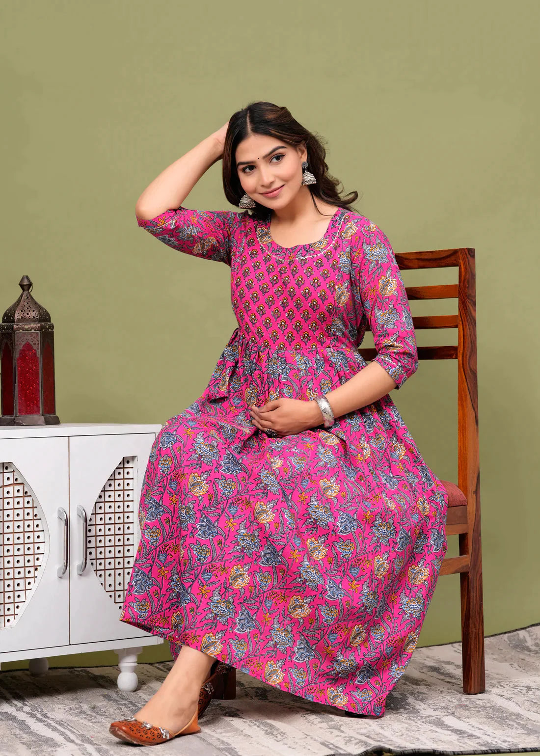 Ofably Cambric Pure Cotton Maternity Cum Feeding Kurti(Pink)