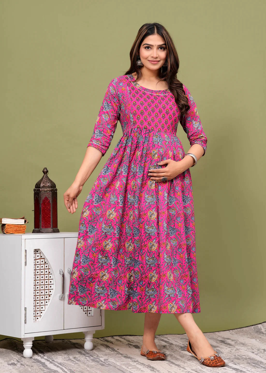 Ofably Cambric Pure Cotton Maternity Cum Feeding Kurti(Pink)