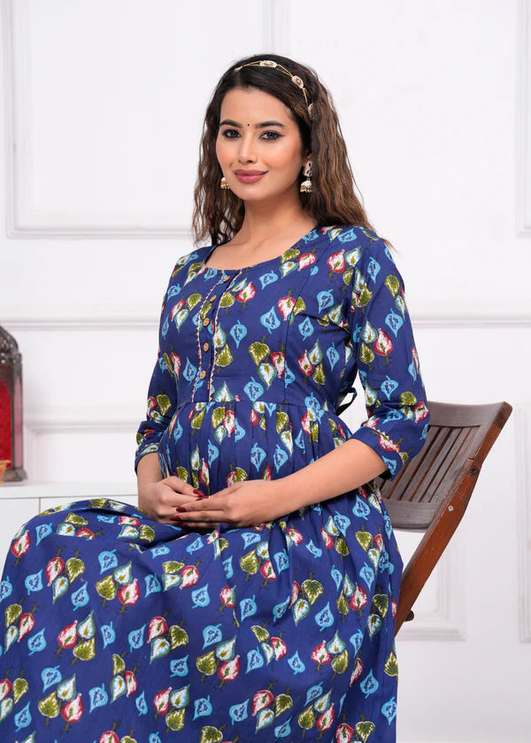 Ofably Cambric Pure Cotton Maternity Cum Feeding Kurti(Blue)