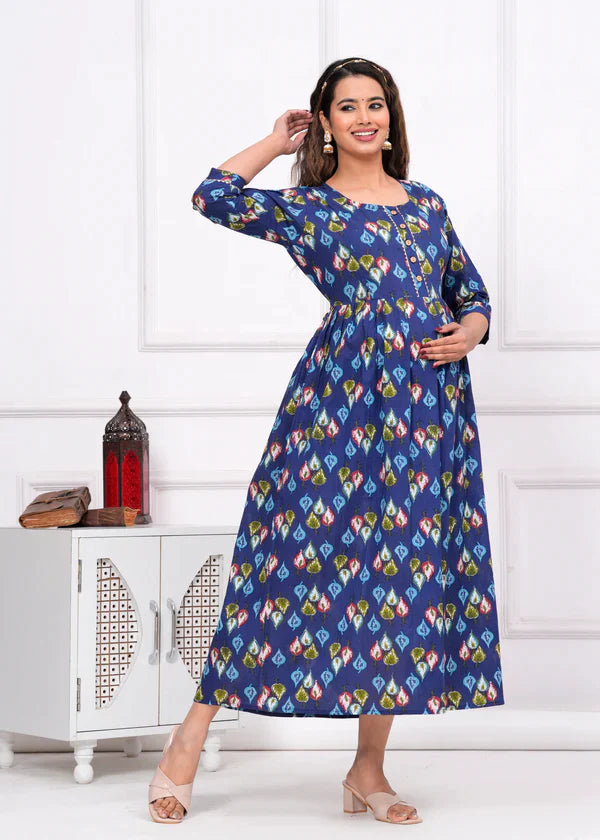 Ofably Cambric Pure Cotton Maternity Cum Feeding Kurti(Blue)