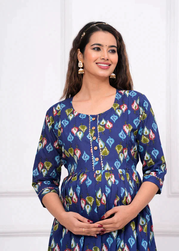 Ofably Cambric Pure Cotton Maternity Cum Feeding Kurti(Blue)