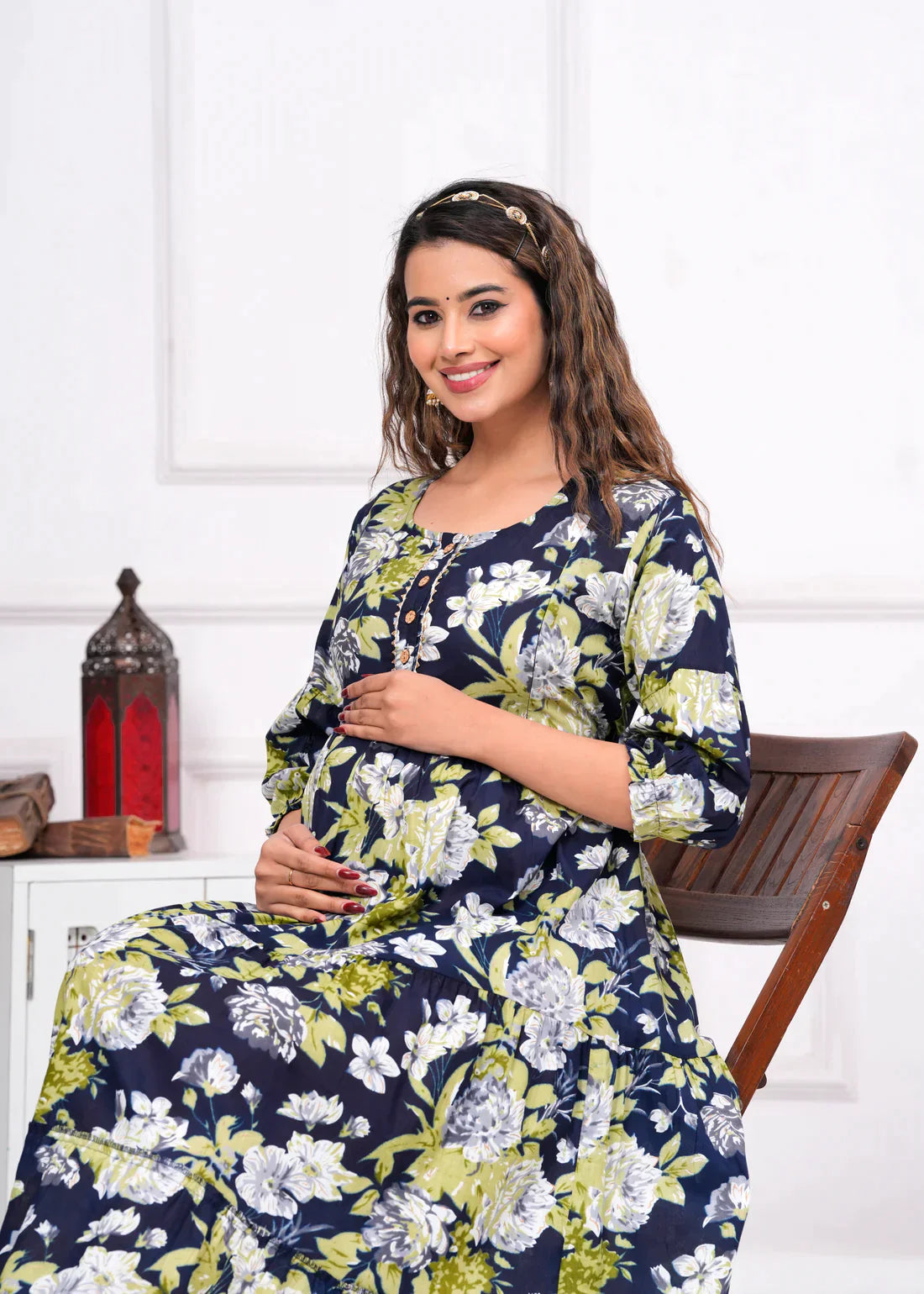 Ofably Cambric Pure Cotton Maternity Cum Feeding Kurti(Dark Blue with Green)
