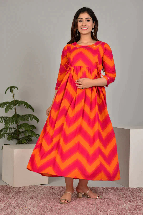 Ofably Women's Maternity Cum Feeding Gown Kurti's(Pink Orange )