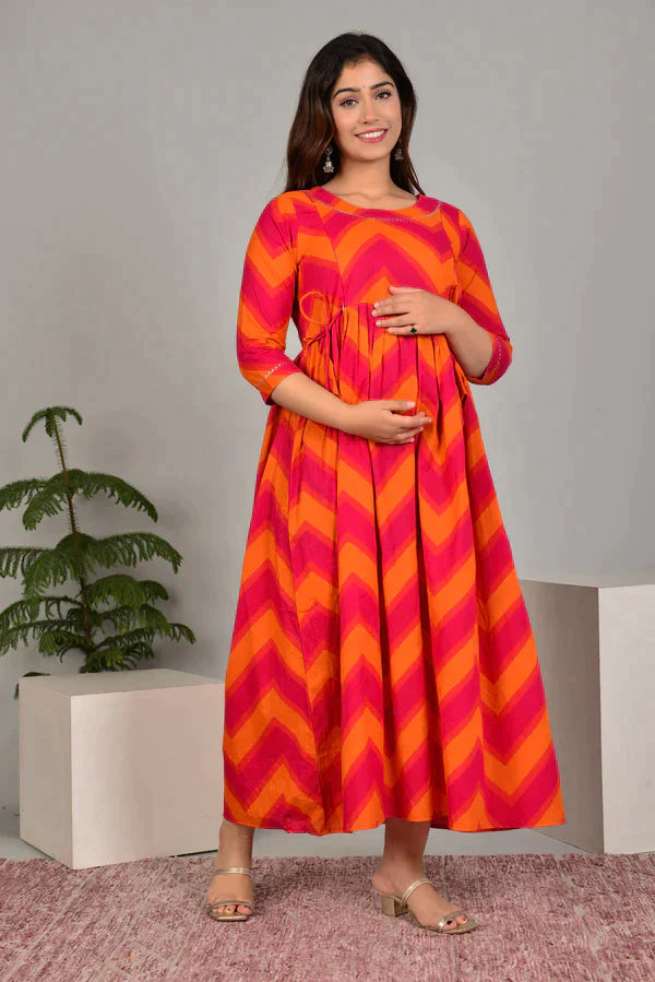 Ofably Women's Maternity Cum Feeding Gown Kurti's(Pink Orange )