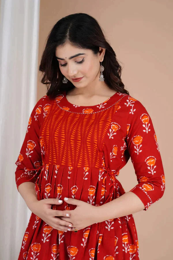 Ofably Women's Maternity Breastfeeding Kurti with Comfort (Red)(LUXt002)