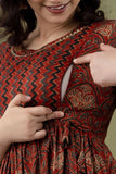 Ofably Cotton Maternity Cum Feeding Kurti Dress For Pre & Post Maternity (Brown)(LUX007)